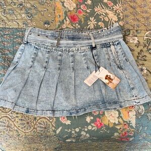 Sincerely Jules Light Blue Washed Denim Pleated Mini Skirt with Belt